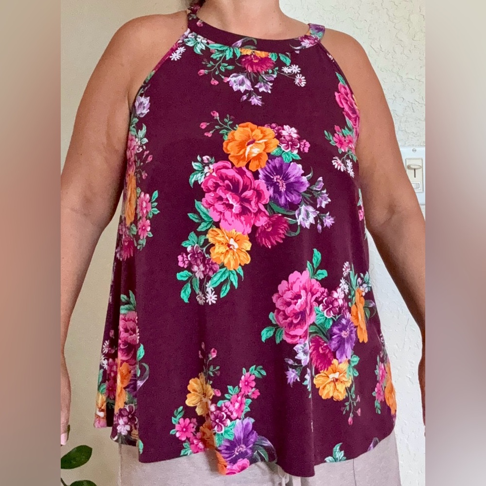 Torrid Floral blouse with Keyhole back in Purple and Yellow